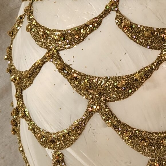 Faberge Inspired Handmade Glass Egg Ornament White Gold Glitter Reflective Embel - Picture 2 of 11